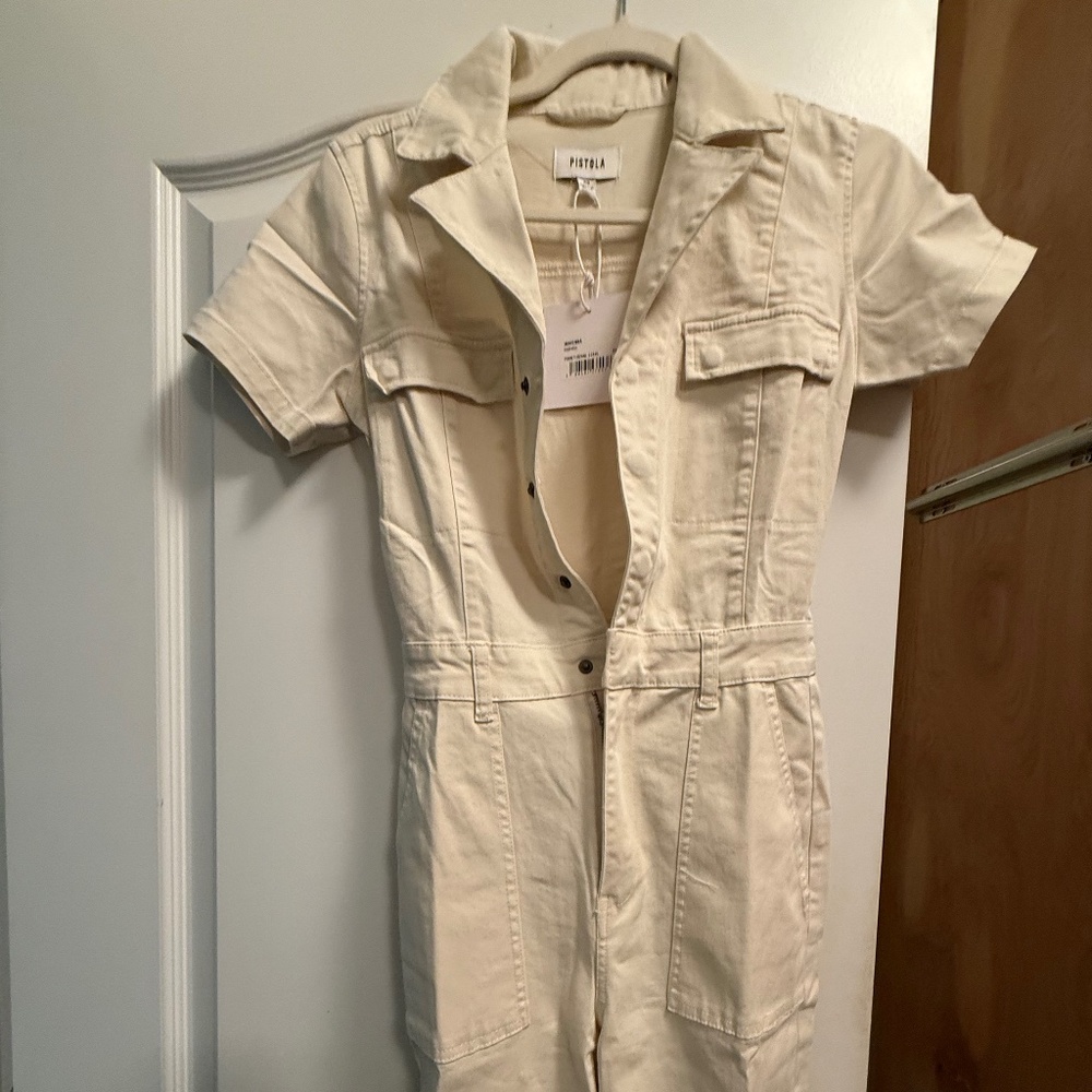 Pistola NWT Makenna Stretch Cotton Utility Jumpsuit in Eggshell